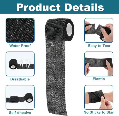 64 Pack 2" x 5 Yards Self Adhesive Bandage Wrap Black Athletic Tape Vet Wrap, Elastic Breathable Tattoo Grip Tape Wrap Flexible Self Cohesive Bandage Wrap for Wrist, Ankle, Fingers, Sports & Pets in Saudi Arabia