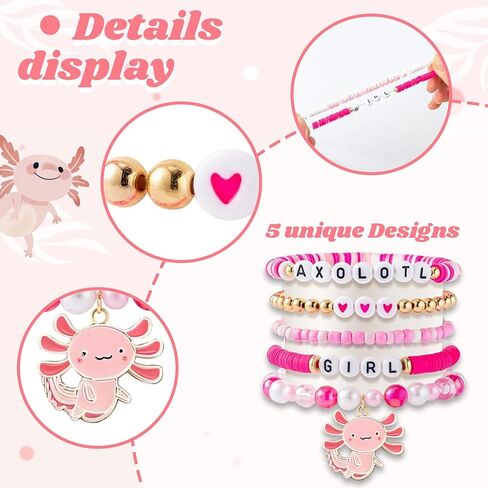 5Pcs Axolotl Bracelet Set Cute poly clay Bracelets accessories The Dream Gift for Axolotl Lovers Pink and white color scheme Birthday, Christmas, and Holiday Gifts Jewelry Accessorie in Saudi Arabia