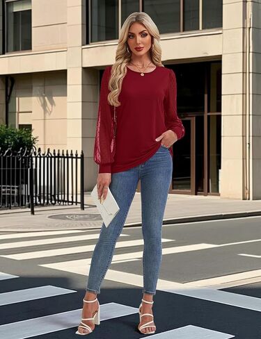 YUCOLEN قمصان طويلة الأكمام للنساء الدانتيل متأنق بلوزات فضفاضة غير رسمية الأعمال طاقم الرقبة بلوزات لطيف 2026 العصرية تونك in Kuwait