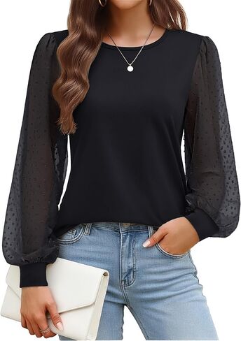 YUCOLEN قمصان طويلة الأكمام للنساء الدانتيل متأنق بلوزات فضفاضة غير رسمية الأعمال طاقم الرقبة بلوزات لطيف 2026 العصرية تونك in Kuwait