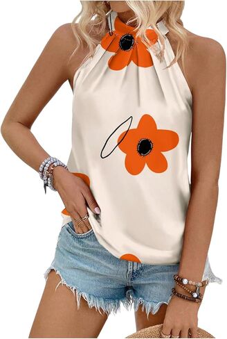 SHENHE Women's Summer Floral Print Pleated Halter Neck Sleeveless Chiffon Blouse Tops in Saudi Arabia