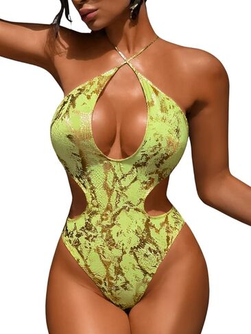 Women's Metallic Snakeskin Monokini, Crisscross Halter Cutout One Piece Swimsuit, Sexy Rave Festival Bodysuit in Saudi Arabia