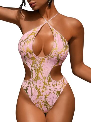 Women's Metallic Snakeskin Monokini, Crisscross Halter Cutout One Piece Swimsuit, Sexy Rave Festival Bodysuit in Saudi Arabia