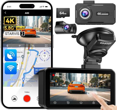 JOMISE Dash Cam Front and Rear, 4k FHD Dual Car Camera, 3" IPS Dash Camera for Cars with 64GB Card Included, Built-in 5G Wi-Fi GPS, Night Vision, WDR, 24H Parking Mode with Loop Recording& G-Sensor in Kuwait