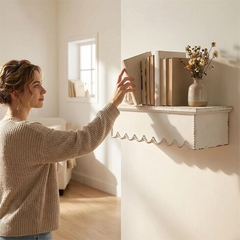 SOFE Rustic Wood Shelves for Wall - Shelf for Bedroom Bathroom Kitchen Small - White Scalloped Shelves - Bookshelf Storage Organizer - Plant Collectibles Display Shelving Wall Mounted in Saudi Arabia