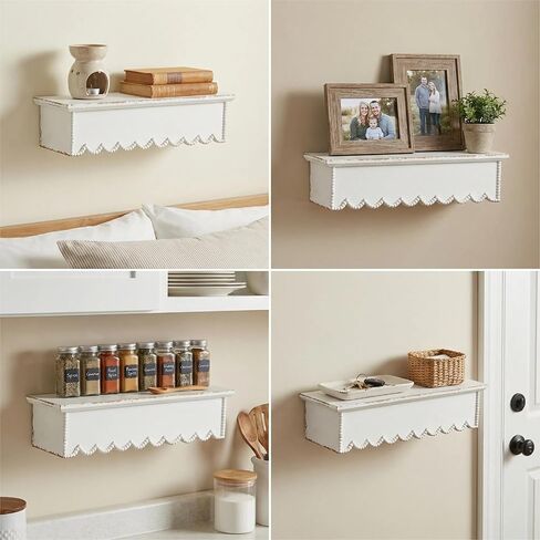 SOFE Rustic Wood Shelves for Wall - Shelf for Bedroom Bathroom Kitchen Small - White Scalloped Shelves - Bookshelf Storage Organizer - Plant Collectibles Display Shelving Wall Mounted in Saudi Arabia