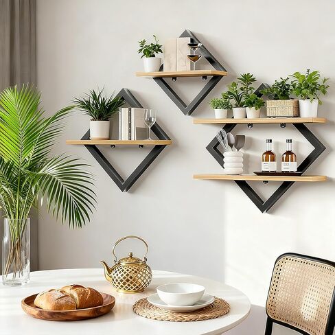 3 قطع أرفف عائمة، أرفف حائط، مجموعة أرفف تعليق ماسية مكونة من طبقتين للمطبخ والحمام والمكتب والديكور المنزلي، بني ريفي in Kuwait