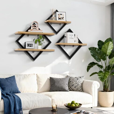 3 قطع أرفف عائمة، أرفف حائط، مجموعة أرفف تعليق ماسية مكونة من طبقتين للمطبخ والحمام والمكتب والديكور المنزلي، بني ريفي in Kuwait