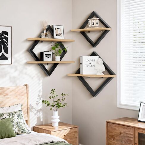 3 قطع أرفف عائمة، أرفف حائط، مجموعة أرفف تعليق ماسية مكونة من طبقتين للمطبخ والحمام والمكتب والديكور المنزلي، بني ريفي in Kuwait