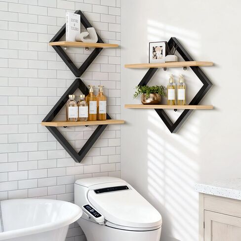 3 قطع أرفف عائمة، أرفف حائط، مجموعة أرفف تعليق ماسية مكونة من طبقتين للمطبخ والحمام والمكتب والديكور المنزلي، بني ريفي in Kuwait