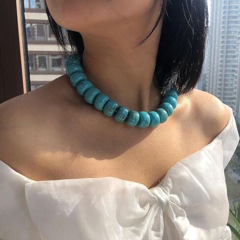 Miniature Semi-Precious Stone & Oversized Multi-Color Resin Bead Statement Necklace - 17"+3" Extender Chain Chunky Eye-Catching Beads | Bold Fashion Jewelry Gift for Women in Saudi Arabia