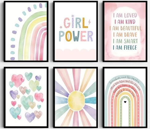 6Pcs Pink Boho Sun Rainbow Wall Art Colorful Heart Pattern Poster Prints Girl Power Canvas Pictures for Toddler Nursery Girl Kids Room Self-affirmation Wall Decor 8x10In Unframed in Saudi Arabia