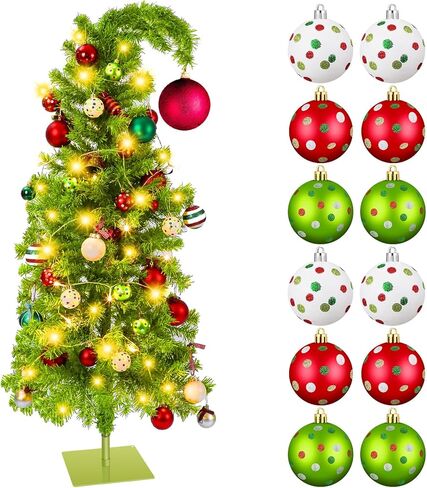 5ft Christmas Tree with Stand Artificial Lime Green Whimsical Bendable Christmas Tree with 13 Pcs Red Green Ball Ornaments Xmas for Room Tabletop Decor Holiday Indoor Outdoor(Classic Style) in Saudi Arabia