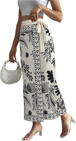 تنورة طويلة طويلة للسيدات من MakeMeChic بنقشة زهور بوهو ذات خصر عالٍ ملفوفة ورباط جانبي in Kuwait
