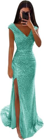 Maxianever Sequin Prom Dresses Long Mermaid V Neck with Slit Sparkly Formal Evening Gown for Women 2025 in Kuwait
