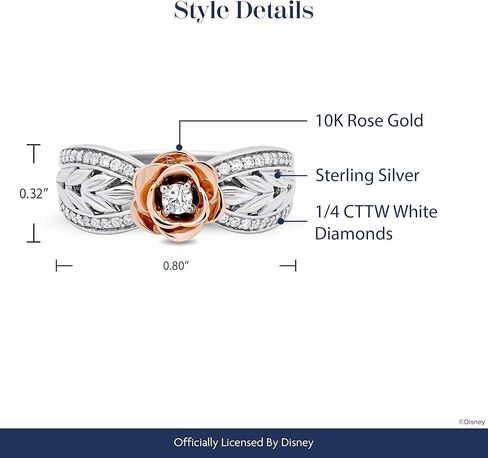 Jewelili Enchanted Disney Fine Jewelry Sterling Silver and 10K Rose Gold 1/4 CTTW Diamond Belle Rose Ring in Saudi Arabia