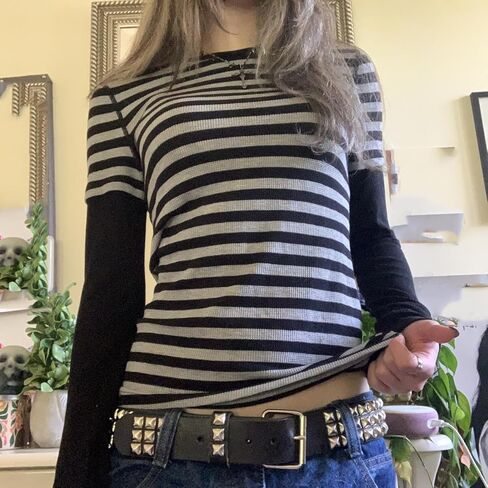 Womens Striped Long Sleeve Shirt Y2k Fairy Grunge Baggy Tee Shirts Teen Girls Vintage Harajuku Streetwear in Saudi Arabia