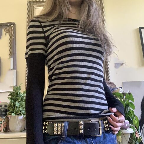 Womens Striped Long Sleeve Shirt Y2k Fairy Grunge Baggy Tee Shirts Teen Girls Vintage Harajuku Streetwear in Saudi Arabia