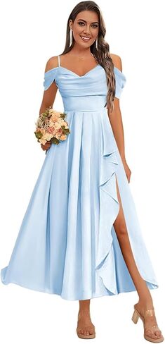 فساتين وصيفة الشرف شيفون بكتف بارد قصيرة مع فتحة مكشكشة وأشرطة سباغيتي فستان رسمي مطوي مع جيوب in Kuwait