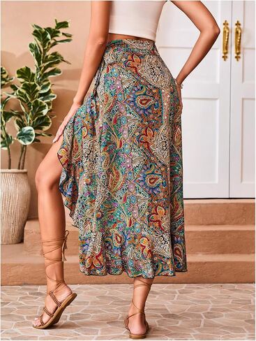 OYOANGLE Women's Boho Floral Wrap Maxi Skirt Long Skirt Ruffle Hem Knot Side Vacation Skirts with Slit in Saudi Arabia