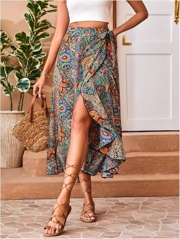 OYOANGLE Women's Boho Floral Wrap Maxi Skirt Long Skirt Ruffle Hem Knot Side Vacation Skirts with Slit in Saudi Arabia
