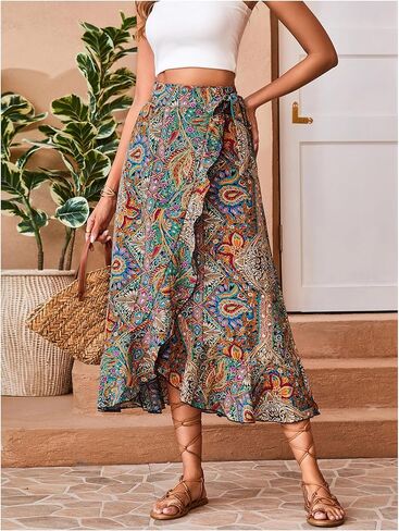 OYOANGLE Women's Boho Floral Wrap Maxi Skirt Long Skirt Ruffle Hem Knot Side Vacation Skirts with Slit in Saudi Arabia
