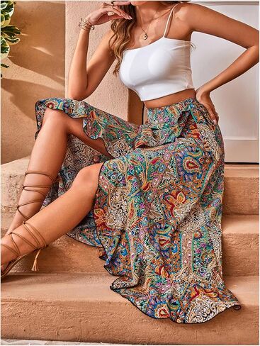 OYOANGLE Women's Boho Floral Wrap Maxi Skirt Long Skirt Ruffle Hem Knot Side Vacation Skirts with Slit in Saudi Arabia