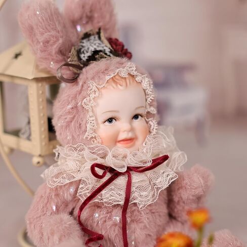 8 Inch Rabbit Hand-Painted Porcelain Face Doll with Plush ＆ Acrylic Cotton Body, Mini Kawaii High-Color Makeup Ceramic Doll for Room Decor, Birthday Gifts, Collectible，Name Jade (Grey) in Saudi Arabia