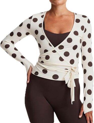 Women Cross Wrap Top Polka Dot Long Sleeve Deep V Neck Tie Workout Ballet Blouse Pilates Yoga Shirt in Saudi Arabia