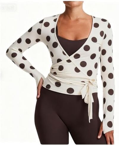 Women Cross Wrap Top Polka Dot Long Sleeve Deep V Neck Tie Workout Ballet Blouse Pilates Yoga Shirt in Saudi Arabia