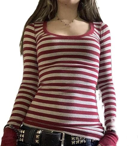 Womens Striped Long Sleeve Shirt Y2k Fairy Grunge Baggy Tee Shirts Teen Girls Vintage Harajuku Streetwear in Saudi Arabia