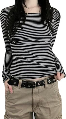 Womens Striped Long Sleeve Shirt Y2k Fairy Grunge Baggy Tee Shirts Teen Girls Vintage Harajuku Streetwear in Saudi Arabia