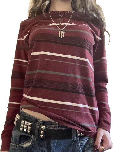 Womens Striped Long Sleeve Shirt Y2k Fairy Grunge Baggy Tee Shirts Teen Girls Vintage Harajuku Streetwear in Saudi Arabia