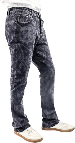 Men's Floral Print Straight Leg Skinny Elastic Force Jeans, Black Gray Acid Wash Denim, Vintage Style Pattern in Saudi Arabia