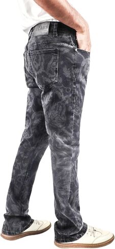 Men's Floral Print Straight Leg Skinny Elastic Force Jeans, Black Gray Acid Wash Denim, Vintage Style Pattern in Saudi Arabia