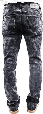 Men's Floral Print Straight Leg Skinny Elastic Force Jeans, Black Gray Acid Wash Denim, Vintage Style Pattern in Saudi Arabia