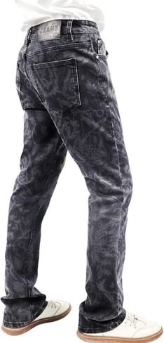 Men's Floral Print Straight Leg Skinny Elastic Force Jeans, Black Gray Acid Wash Denim, Vintage Style Pattern in Saudi Arabia