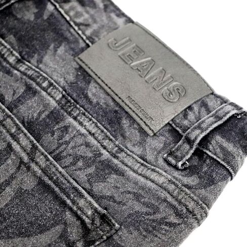 Men's Floral Print Straight Leg Skinny Elastic Force Jeans, Black Gray Acid Wash Denim, Vintage Style Pattern in Saudi Arabia