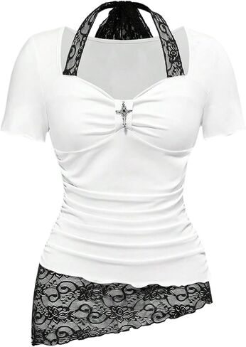 SOLY HUX Women's Y2k Grunge Goth T Shirts Short Sleeve Lace Halter Tee Tops Fairy Festival Rave Outfits in Saudi Arabia