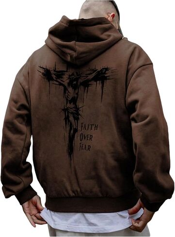 Floerns Hoodies for Men Cross Print Oversized Sweatshirt Drop Shoulder Long Sleeve Streetwear Vintage Pullover Tops in Saudi Arabia