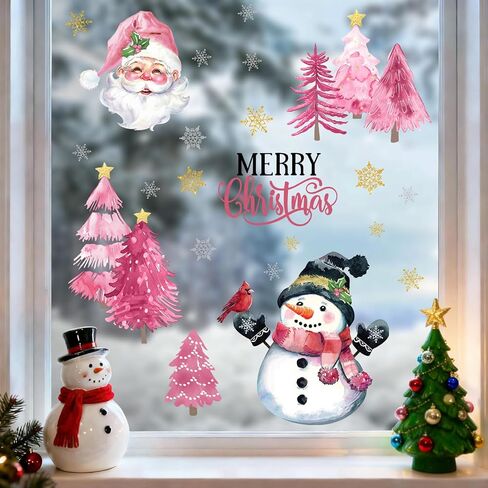 Mfault Merry Christmas Snowman Pink Window Clings 4 Sheets, Xmas Tree Santa Claus Stickers Decals Decorations, Winter Holiday Snowflake Cardinal Home Kitchen Decor in Saudi Arabia