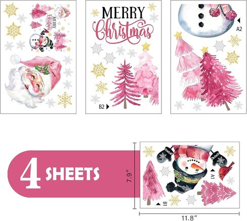 Mfault Merry Christmas Snowman Pink Window Clings 4 Sheets, Xmas Tree Santa Claus Stickers Decals Decorations, Winter Holiday Snowflake Cardinal Home Kitchen Decor in Saudi Arabia