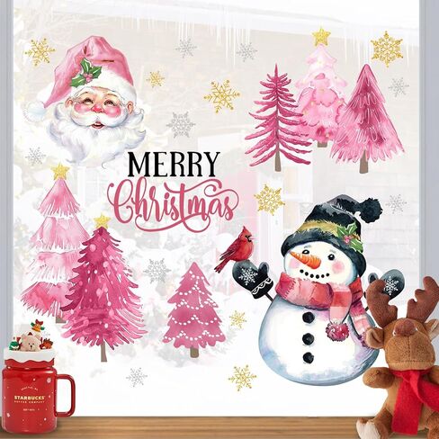 Mfault Merry Christmas Snowman Pink Window Clings 4 Sheets, Xmas Tree Santa Claus Stickers Decals Decorations, Winter Holiday Snowflake Cardinal Home Kitchen Decor in Saudi Arabia