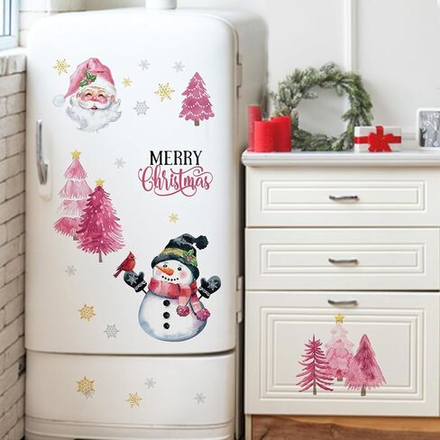 Mfault Merry Christmas Snowman Pink Window Clings 4 Sheets, Xmas Tree Santa Claus Stickers Decals Decorations, Winter Holiday Snowflake Cardinal Home Kitchen Decor in Saudi Arabia