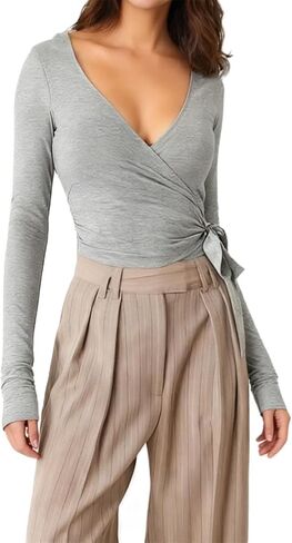 Women Cross Wrap Top Polka Dot Long Sleeve Deep V Neck Tie Workout Ballet Blouse Pilates Yoga Shirt in Saudi Arabia