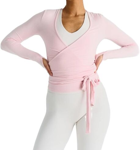 Women Cross Wrap Top Polka Dot Long Sleeve Deep V Neck Tie Workout Ballet Blouse Pilates Yoga Shirt in Saudi Arabia