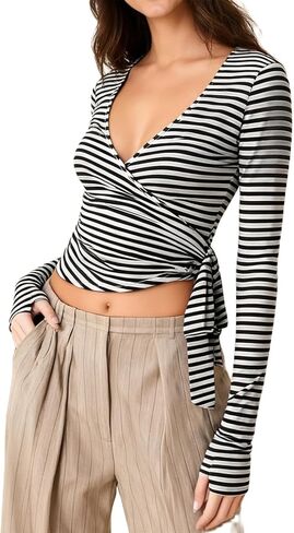 Women Cross Wrap Top Polka Dot Long Sleeve Deep V Neck Tie Workout Ballet Blouse Pilates Yoga Shirt in Saudi Arabia