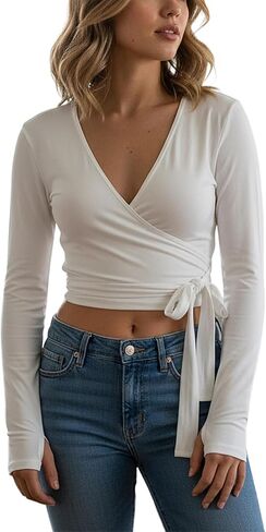 Women Cross Wrap Top Polka Dot Long Sleeve Deep V Neck Tie Workout Ballet Blouse Pilates Yoga Shirt in Saudi Arabia