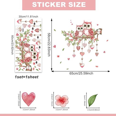 1 Sheet Static Owl Window Cling Sticker Valentine's Day Window Clings Pink Heart Floral Decals Peel and Stick Murals for Home Windows Glass Valentine’s Themed Decor (Pink) in Saudi Arabia