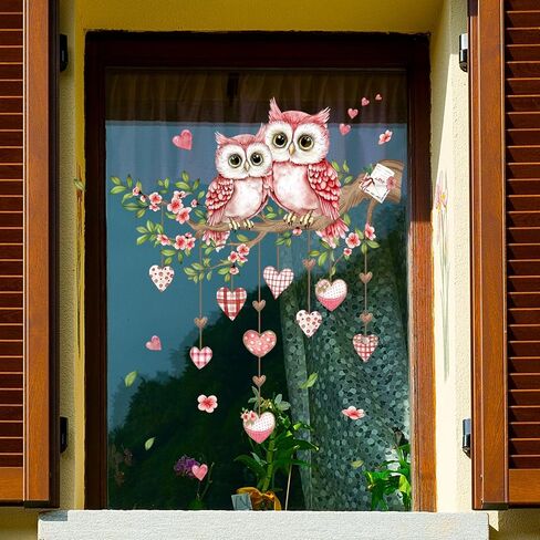 1 Sheet Static Owl Window Cling Sticker Valentine's Day Window Clings Pink Heart Floral Decals Peel and Stick Murals for Home Windows Glass Valentine’s Themed Decor (Pink) in Saudi Arabia